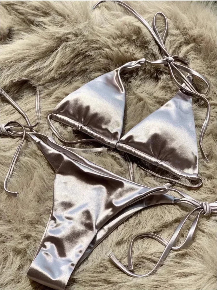 Metallic Satin Bikini Damen – Wrap Around Halter Zweiteiler